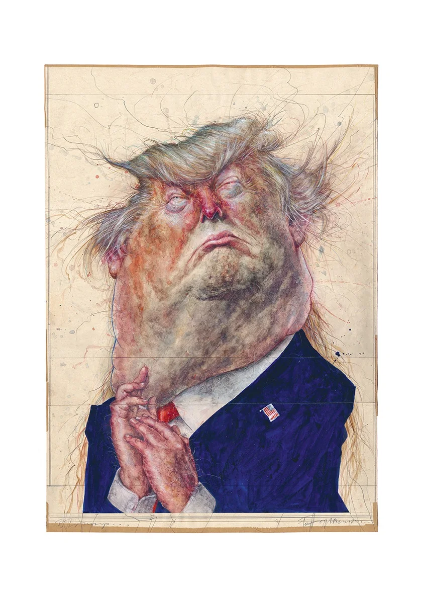 Caricature de Donald Trump par Frank Hoppmann, visage déformé, costume bleu et cravate rouge