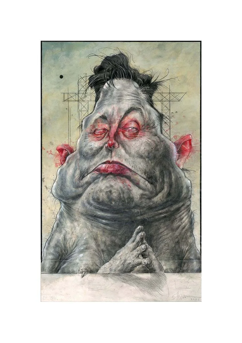 Caricature d’Elon Musk par Frank Hoppmann, crayonné gris sur fond clair