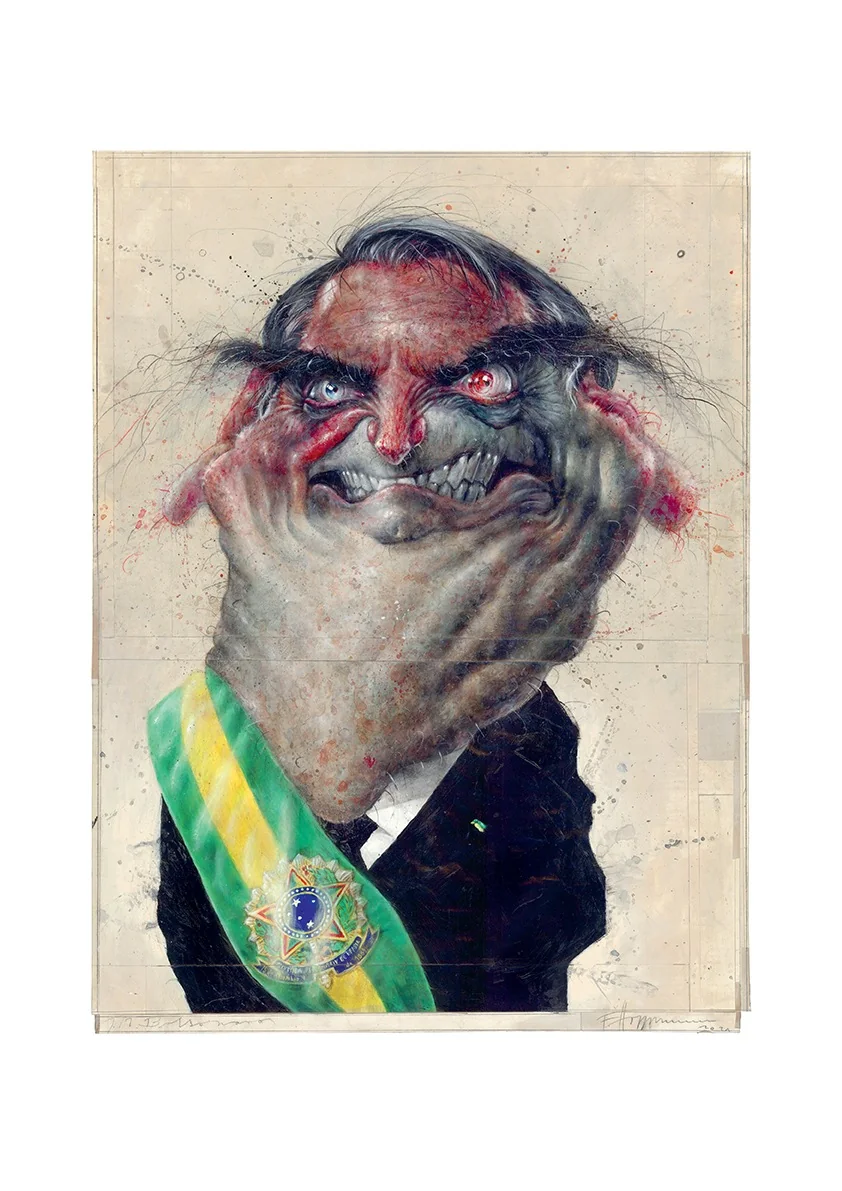 Caricature de Jair Bolsonaro par Frank Hoppmann, écharpe présidentielle verte et jaune