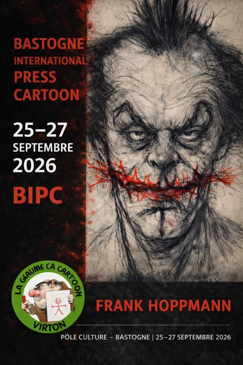 Affiche de l’exposition Frank Hoppmann au Bastogne International Press Cartoon, 25-27 septembre 2026, visage crayonné sur fond noir