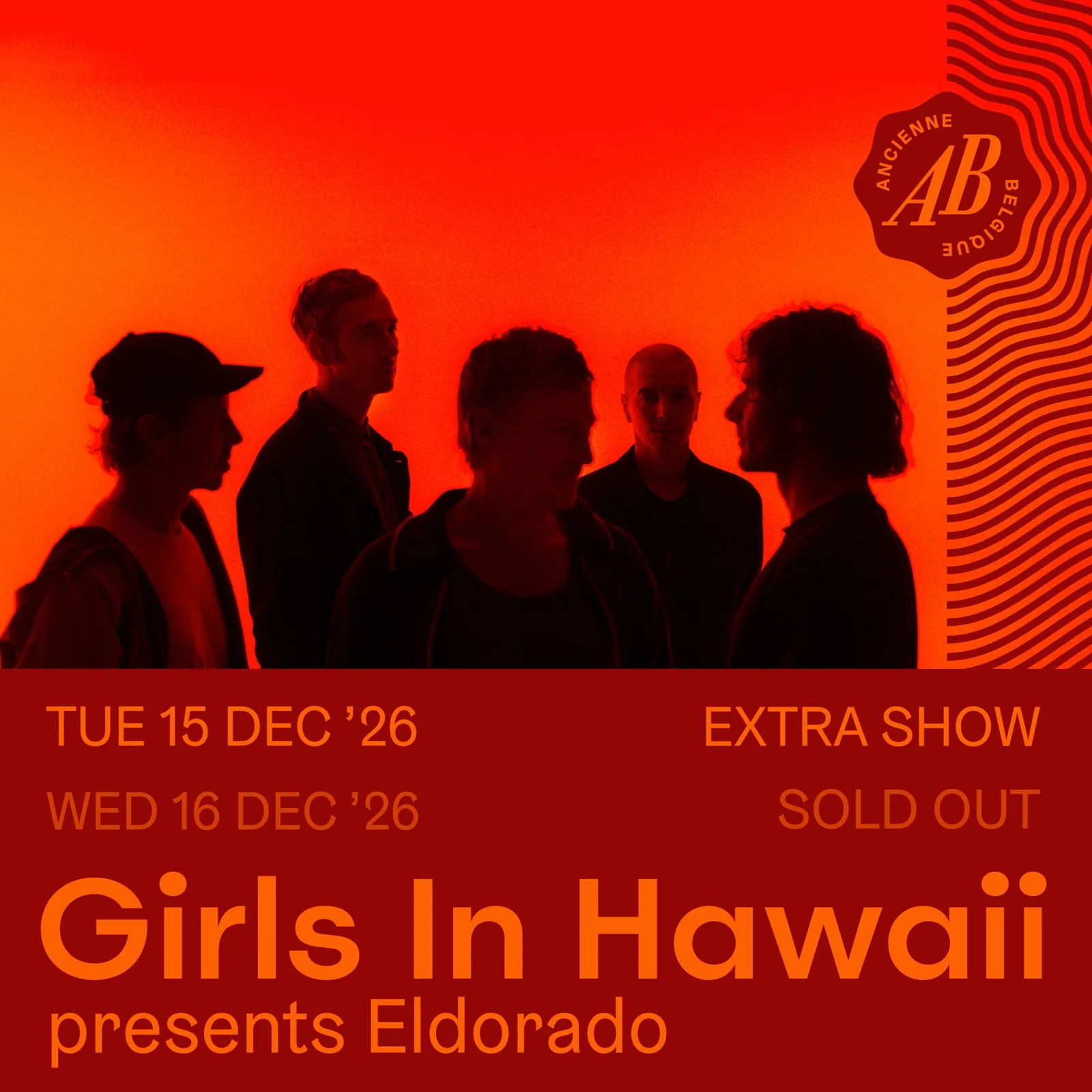 Affiche des concerts de Girls in Hawaii à l’Ancienne Belgique les 15 et 16 décembre 2026