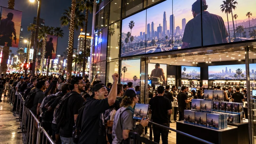 Une file de joueurs devant une boutique de jeux vidéo illuminée la nuit, écrans géants et affiches en façade