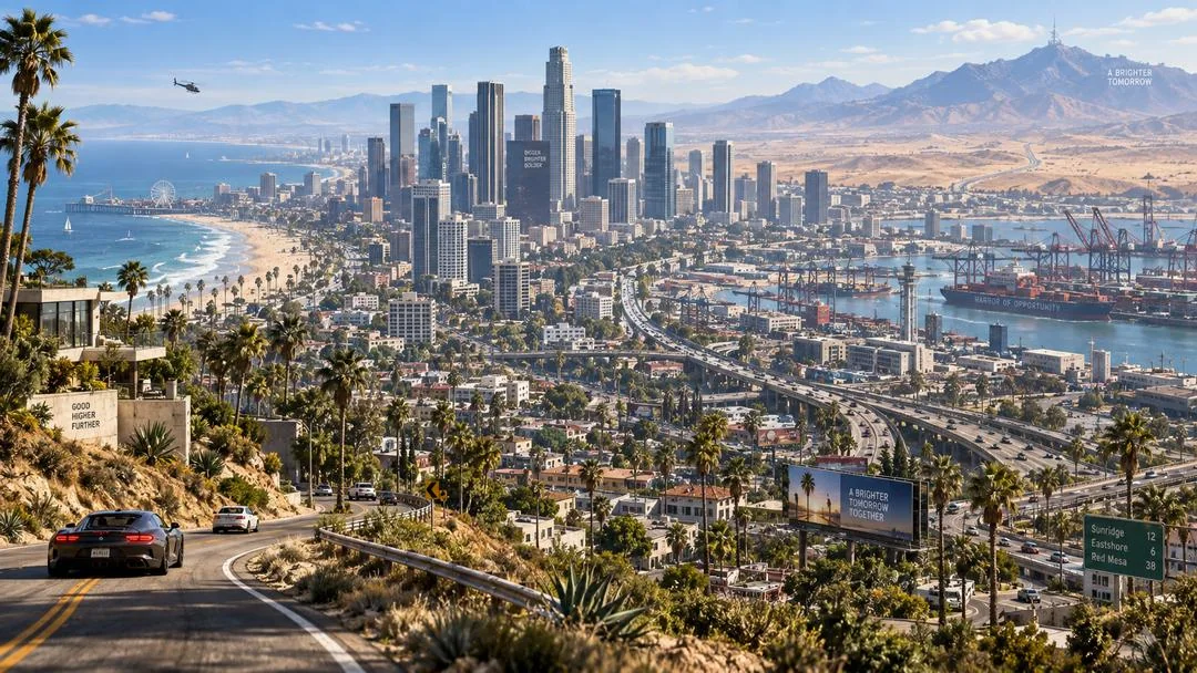 Vue aérienne d’une ville côtière inspirée de Los Angeles : gratte-ciel, collines, plage et port, une voiture sur la route en contrebas
