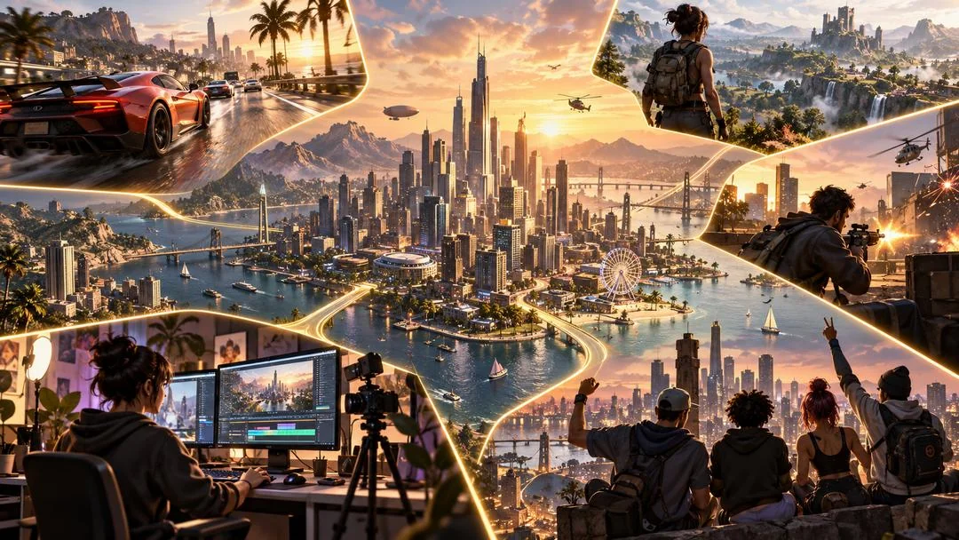 Collage d’une ville en monde ouvert, de créateurs de contenu et de joueurs, symbole de la communauté GTA 5