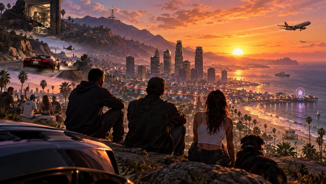 Un groupe de personnages assis sur une colline contemple la ville au coucher du soleil, avions et hélicoptère dans le ciel