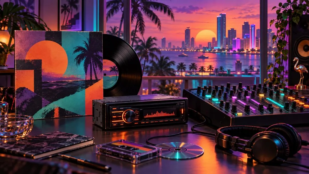 Une pochette d’album, un vinyle, un autoradio, une cassette et une table de mixage devant une baie urbaine au crépuscule