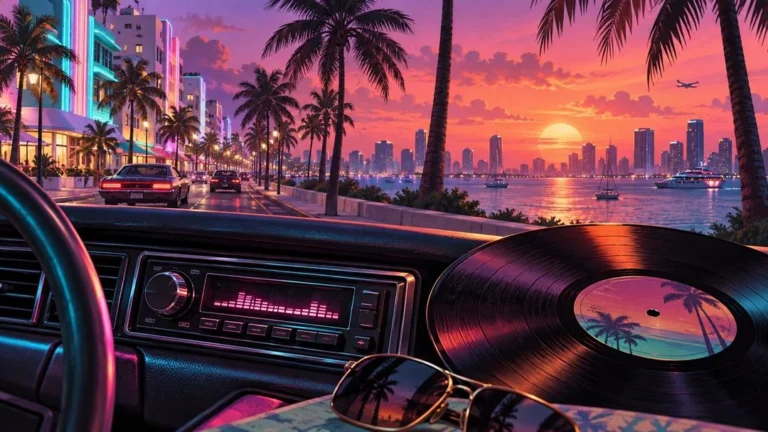 Un tableau de bord d’autoradio, un vinyle et des lunettes de soleil devant un front de mer aux palmiers au coucher du soleil