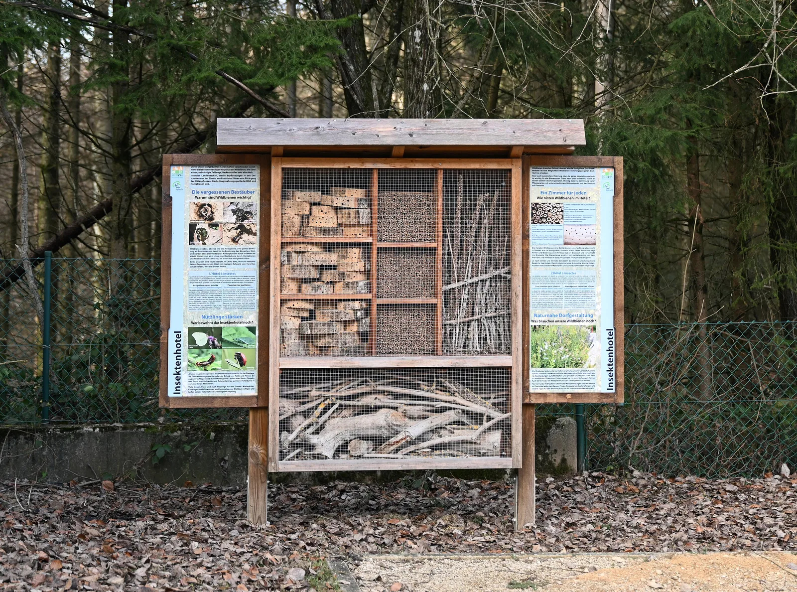 Hôtel à insectes en bois avec panneaux explicatifs