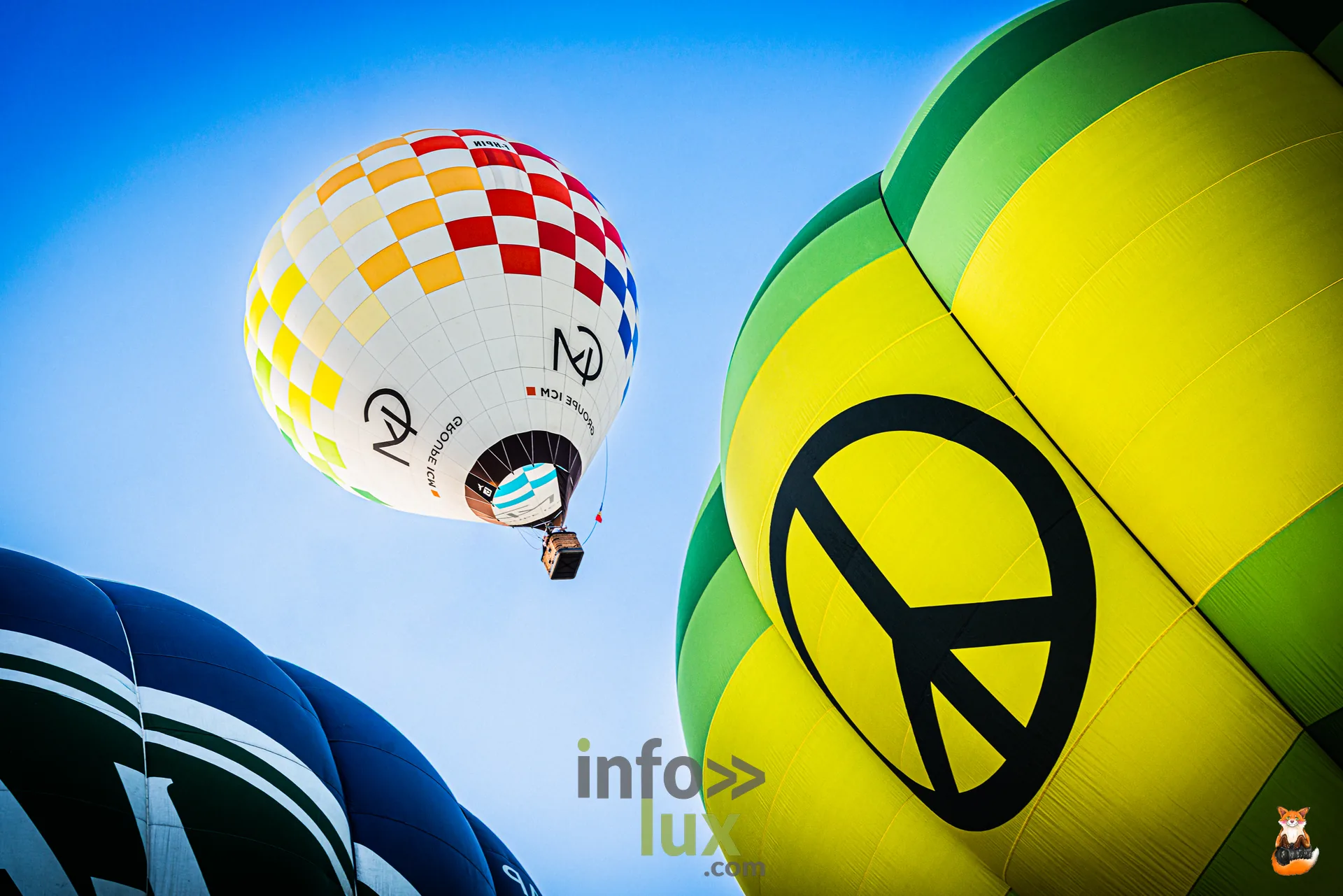 Montgolfières en vol dans un ciel bleu, dont une portant un symbole peace, à Hotton