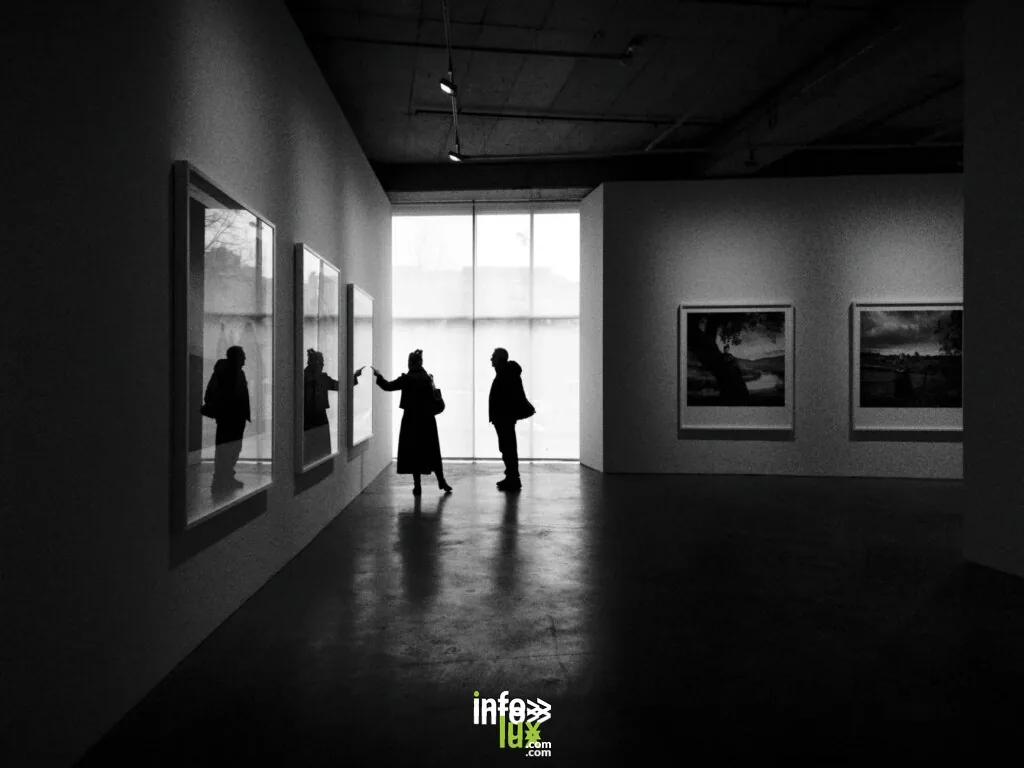 Silhouettes de personnes explorant une galerie d'art à Istanbul, capturant un moment d'appréciation.