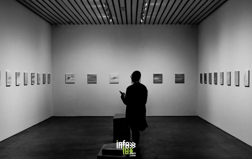 Une personne observe des œuvres d'art lors d'une exposition monochrome dans une galerie d'art, Cleveland.