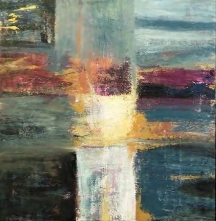 Toile abstraite d’Ingrid Devleminck aux tons bleus, bordeaux et jaunes, présentée à la Kalerie en octobre 2026