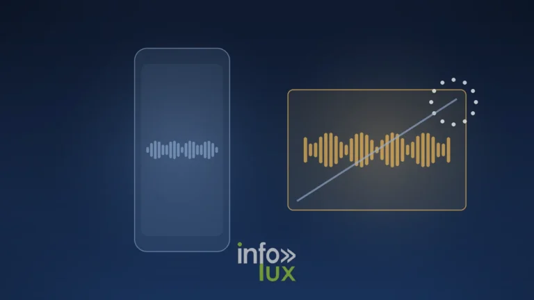Illustration editoriale : un telephone avec une onde vocale grise et, a cote, une onde ambre barree sous un cercle d'etoiles, image de Siri AI bloque dans l'Union europeenne