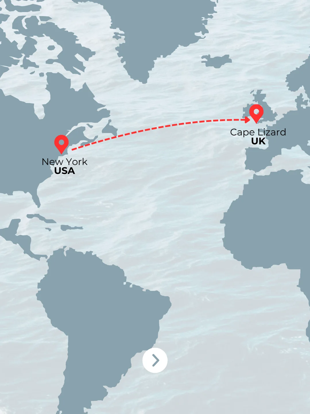 Carte de l'itinéraire du record : New York vers le cap Lizard, en Cornouailles
