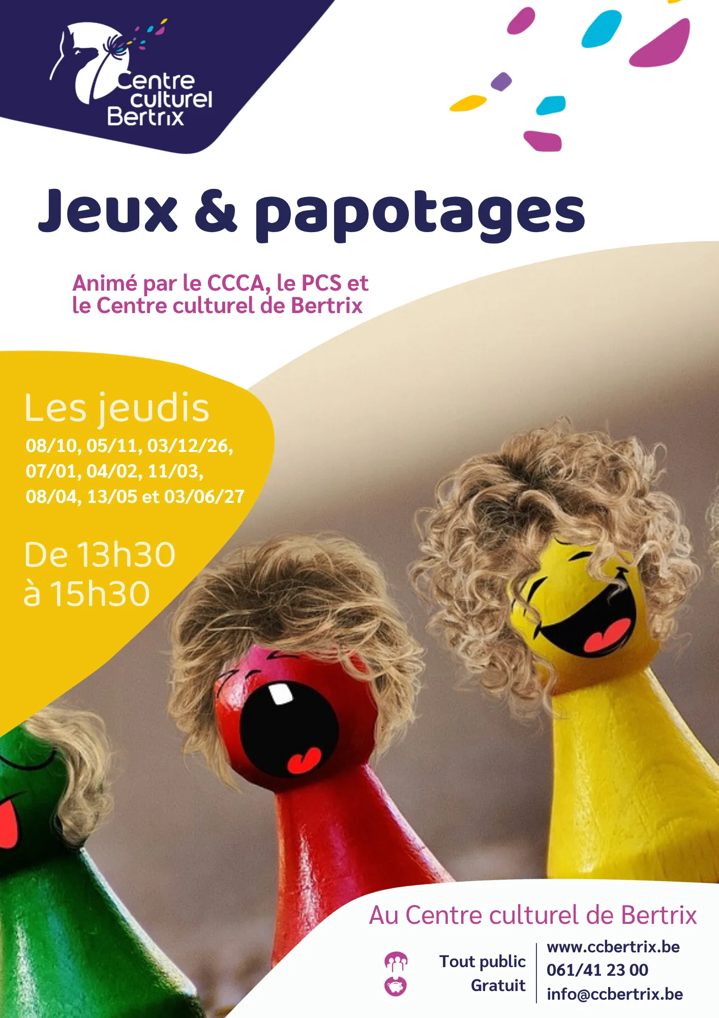 Affiche des après-midi Jeux & Papotages 2026-2027 du Centre culturel de Bertrix, un jeudi par mois de 13h30 à 15h30