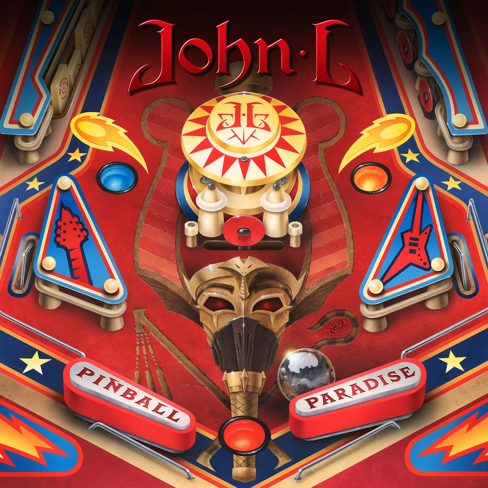 Pochette de l’album Pinball Paradise de John L : un flipper aux couleurs rouge, bleu et or