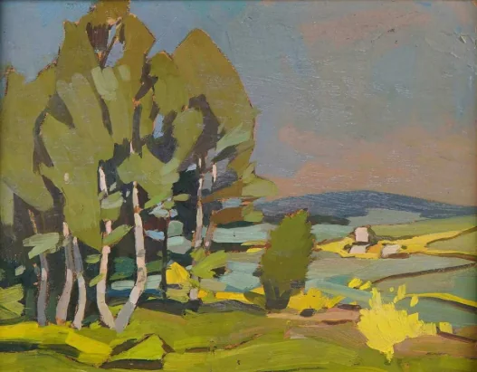 Paysage peint par Joseph Bonvoisin, arbres et champs aux couleurs vives