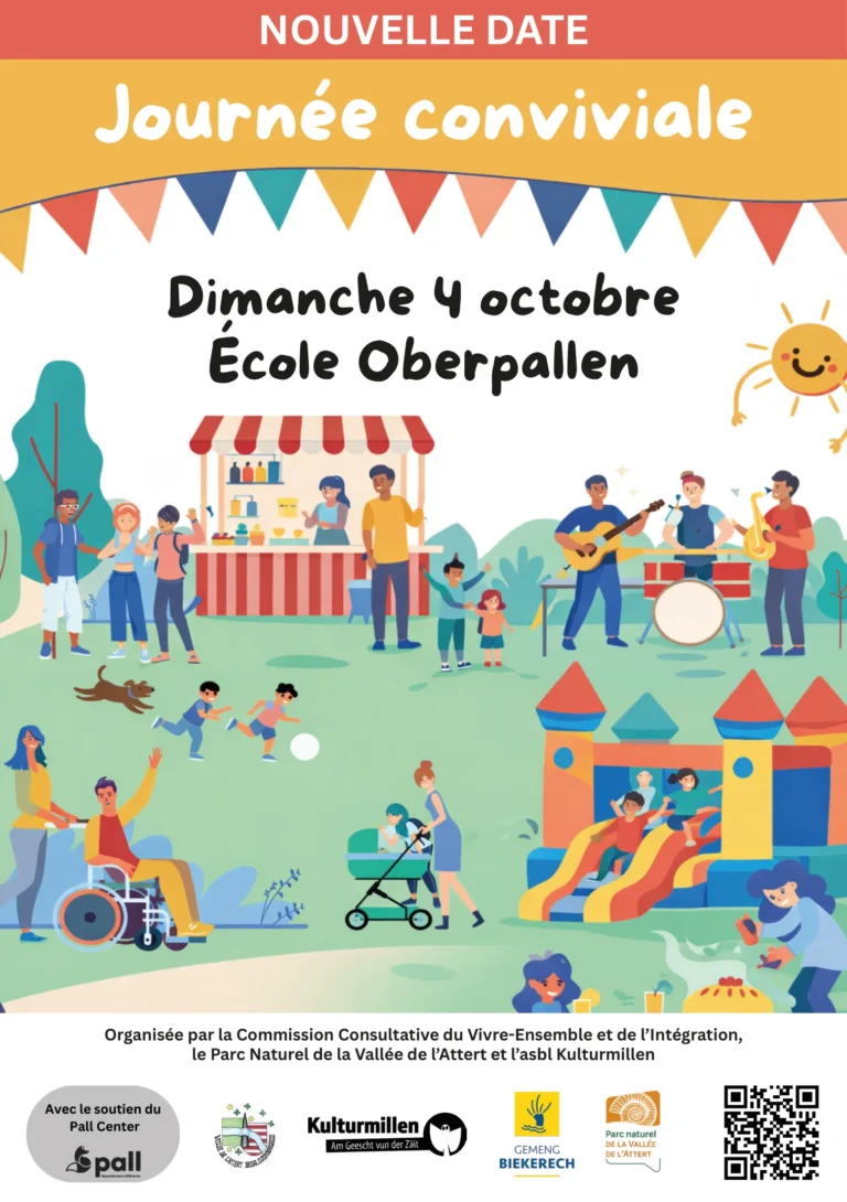 Affiche de la Journée conviviale d’Oberpallen, dimanche 4 octobre 2026 à l’école d’Oberpallen (Beckerich, Grand-Duché de Luxembourg)