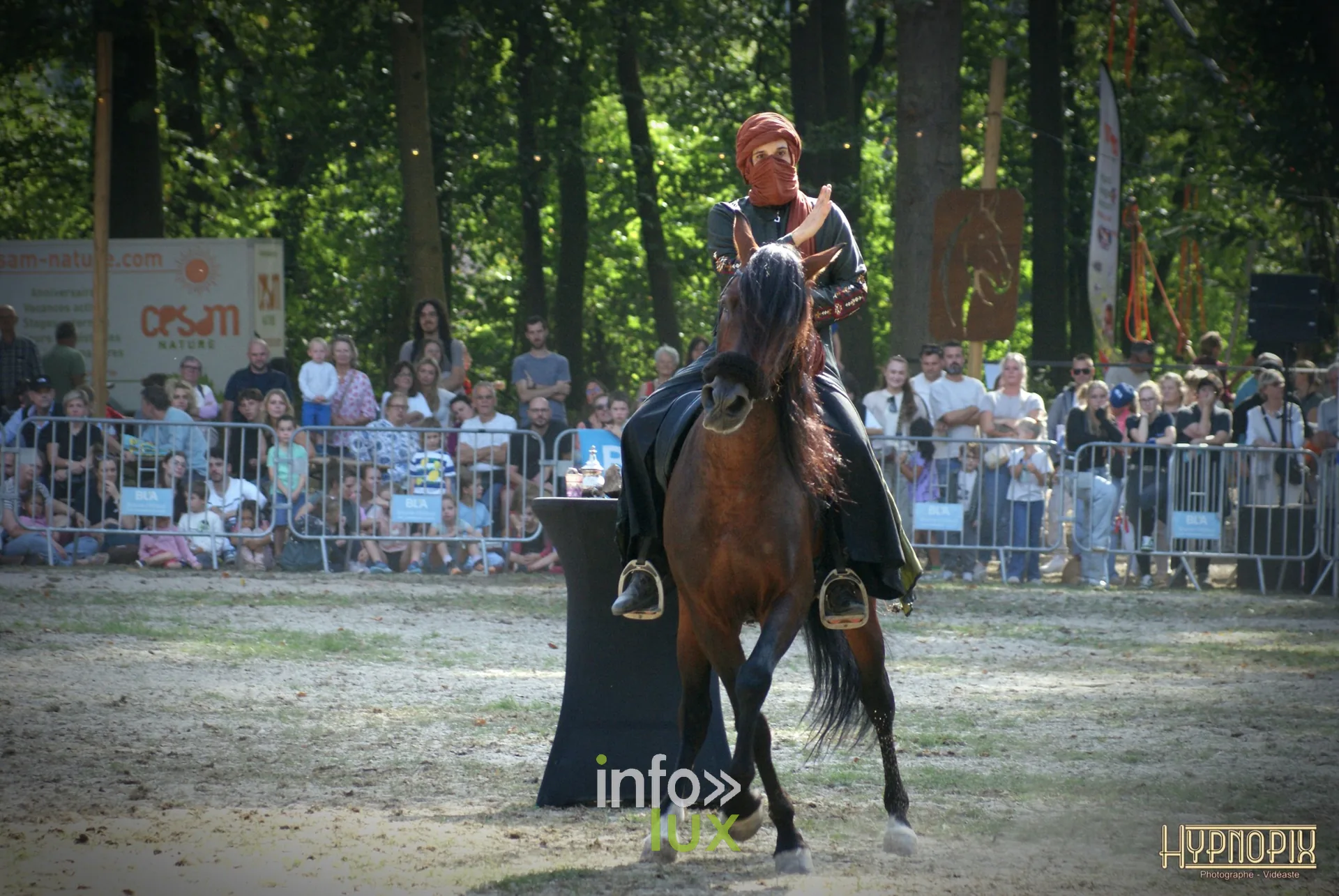 Journées du Cheval 2026 à Braine-l’Alleud, parc du Cheneau : un cavalier en costume sur un cheval bai, devant les tribunes