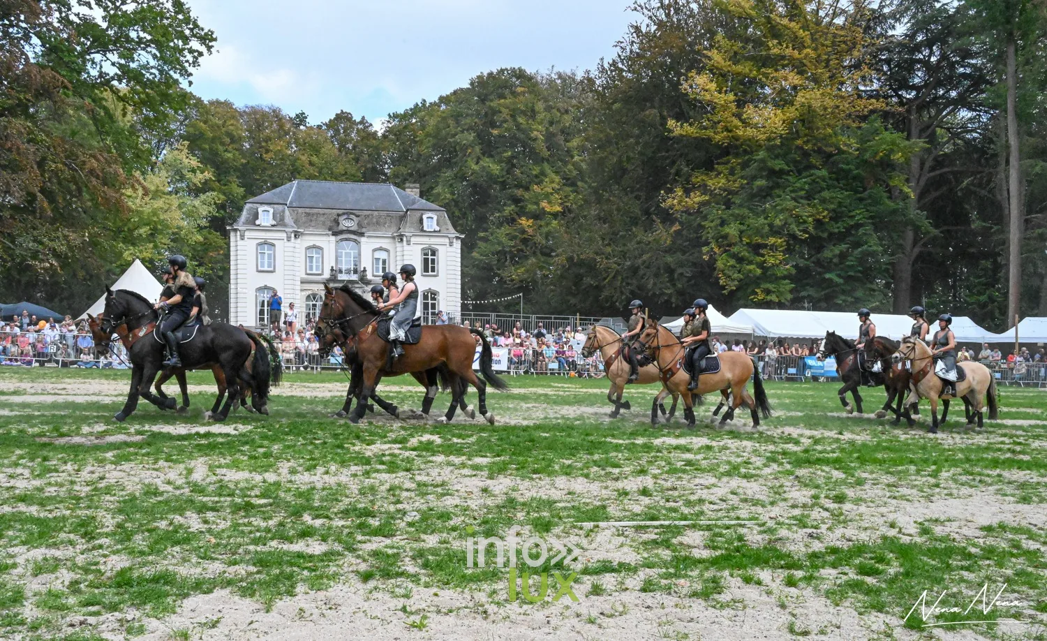 Journées du Cheval 2026 à Braine-l’Alleud, parc du Cheneau : plusieurs cavaliers évoluent ensemble sur la grande piste