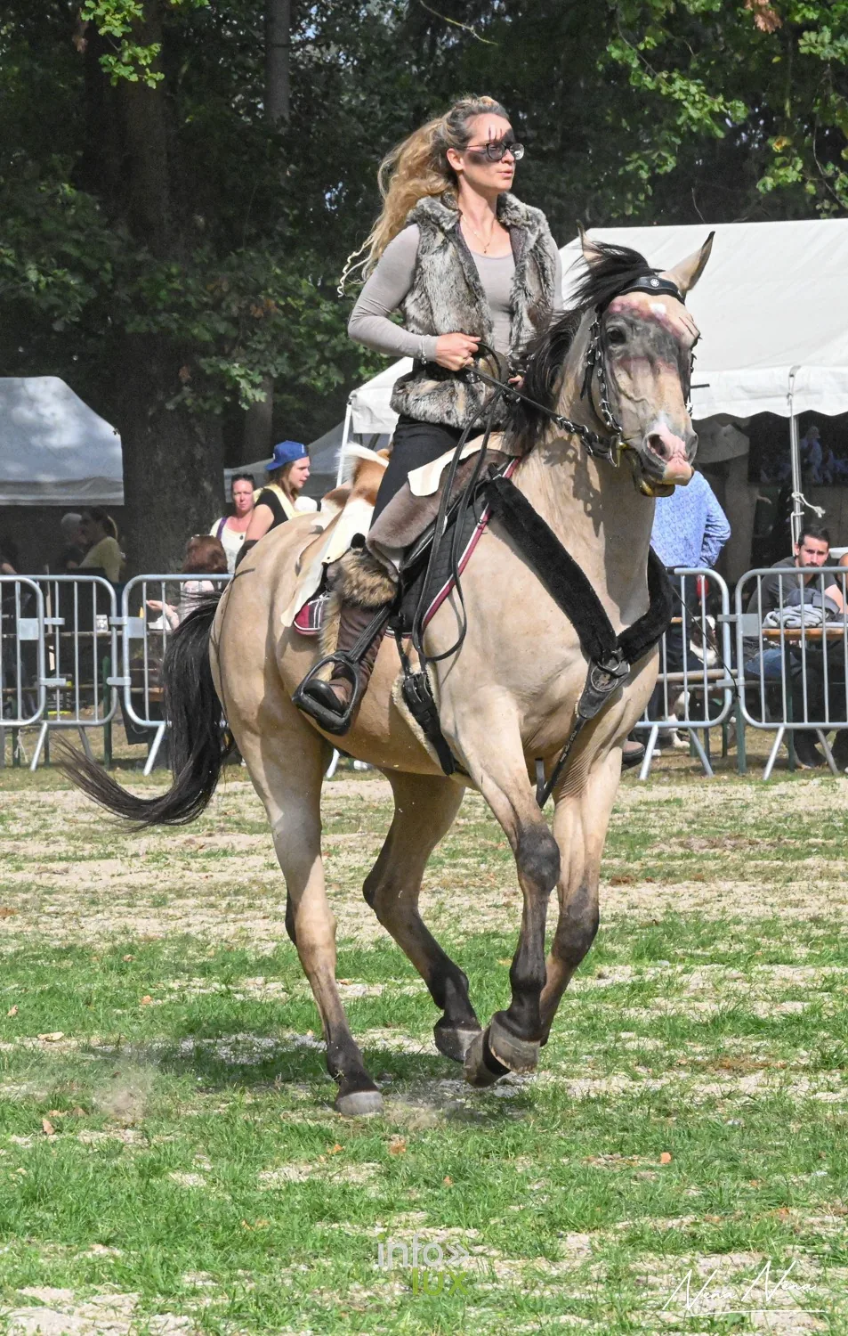 Journées du Cheval 2026 à Braine-l’Alleud, parc du Cheneau : une cavalière en costume au galop devant les tribunes