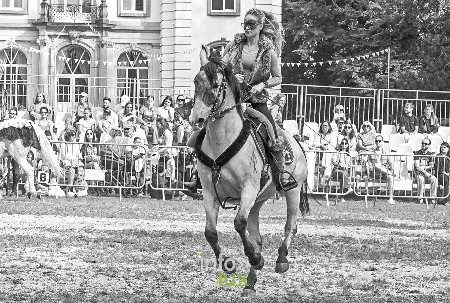 Journées du Cheval 2026 à Braine-l’Alleud, parc du Cheneau : une cavalière face à l’objectif, tribunes en arrière-plan, en noir et blanc