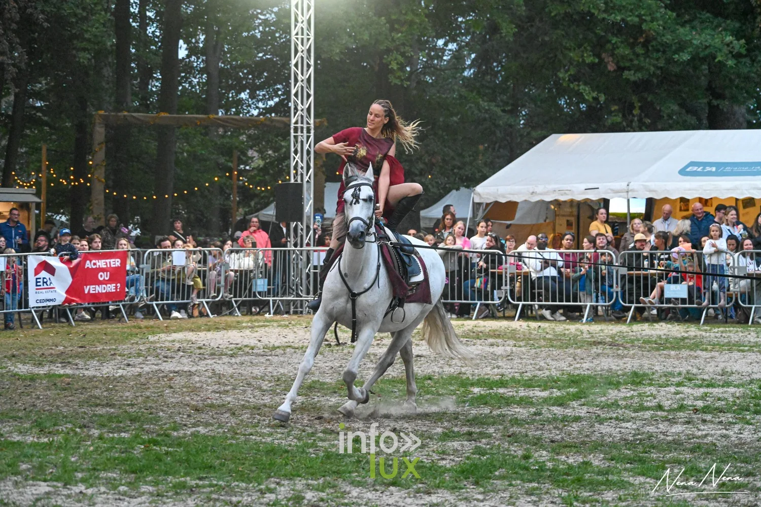 Journées du Cheval 2026 à Braine-l’Alleud, parc du Cheneau : une artiste debout sur un cheval gris devant les tribunes