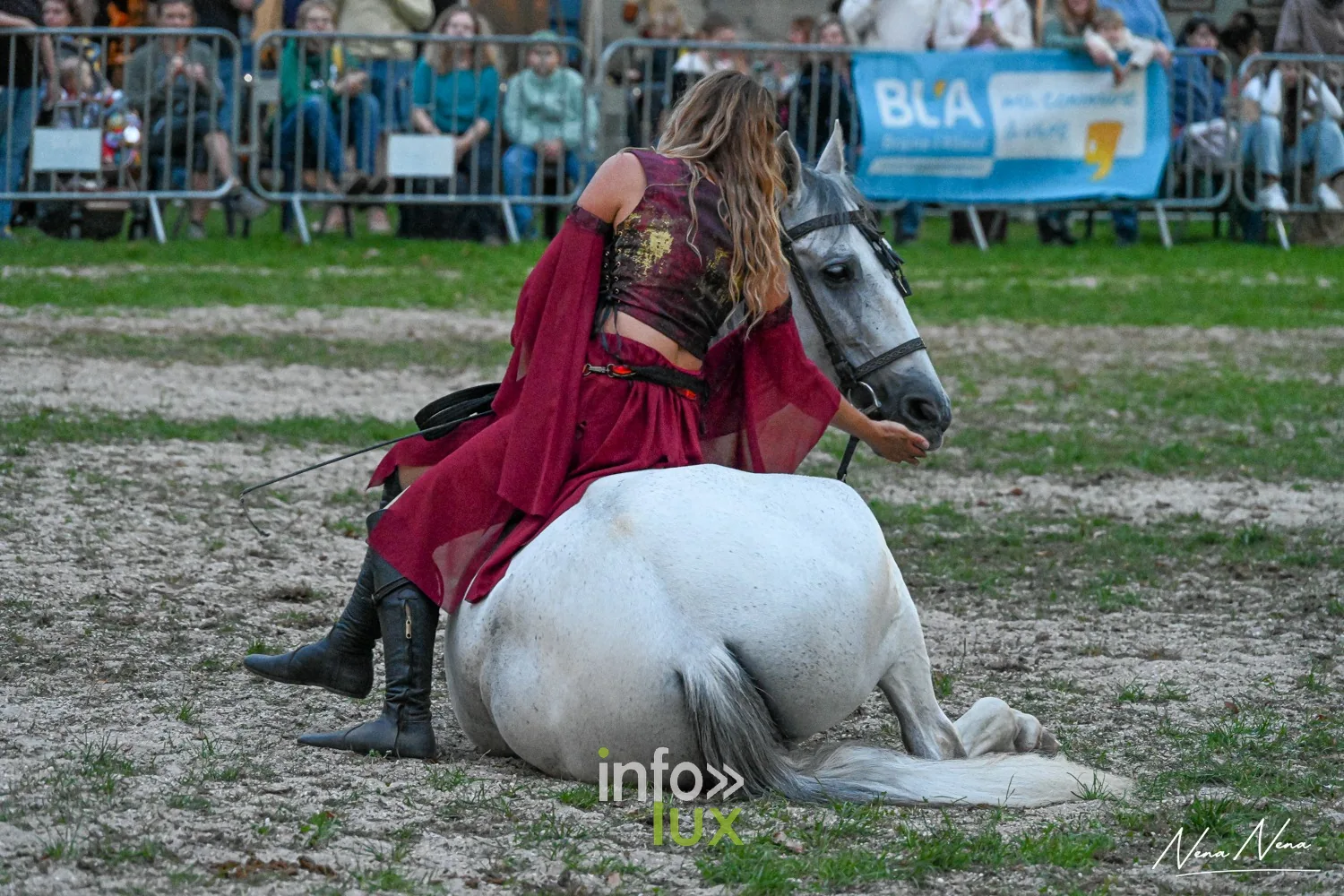 Journées du Cheval 2026 à Braine-l’Alleud, parc du Cheneau : une artiste assise contre un cheval gris couché sur la piste