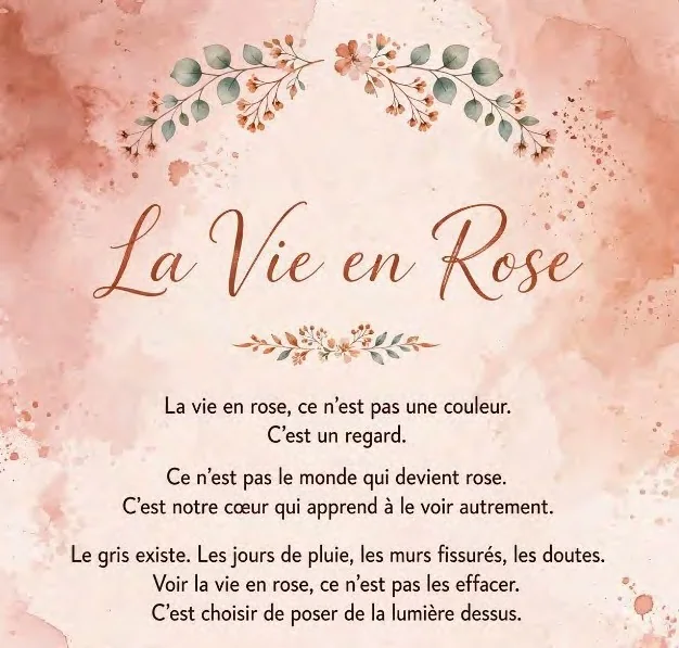 Carton rose avec le texte La Vie en Rose accompagnant l’invitation de l’exposition d’Ingrid Devleminck