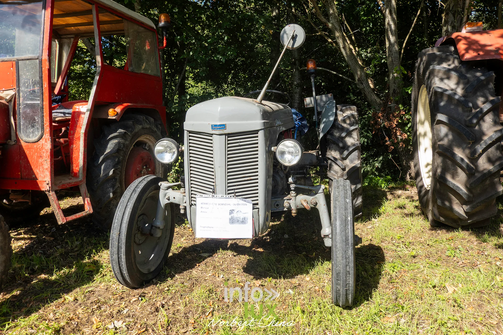 Un tracteur gris de type Ferguson exposé dans l'herbe