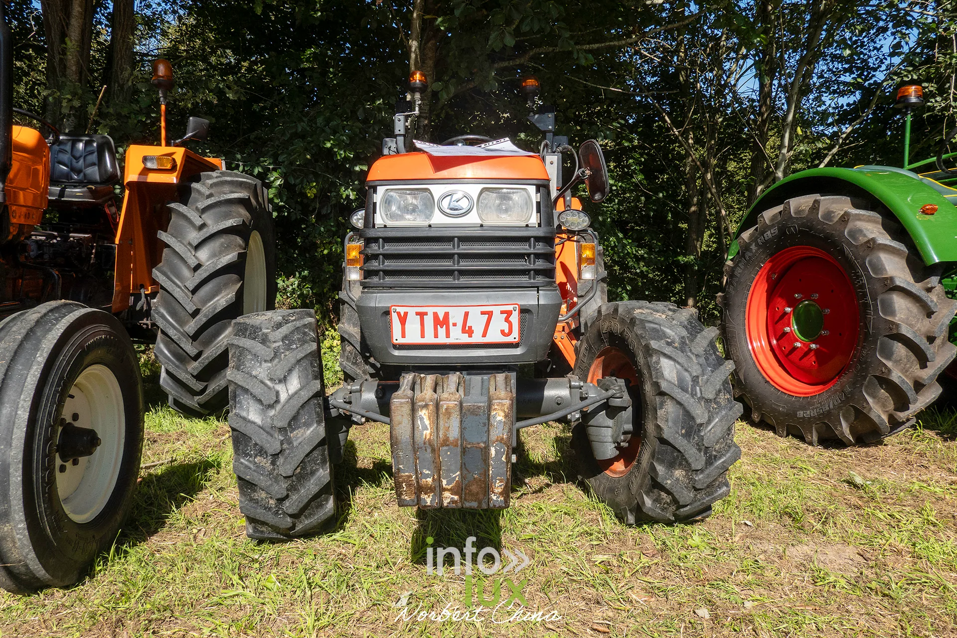Plusieurs tracteurs alignés de face, roues et calandres visibles
