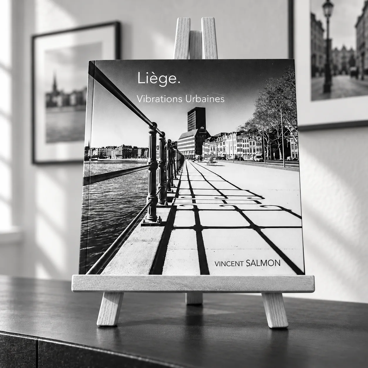 Le livre « Liège. Vibrations urbaines » de Vincent Salmon posé sur un chevalet, couverture en noir et blanc