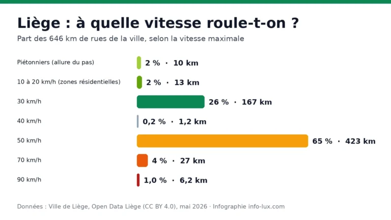 Infographie : part des rues de Liège à 30, 50, 70 et 90 km/h, et des piétonniers, en kilomètres
