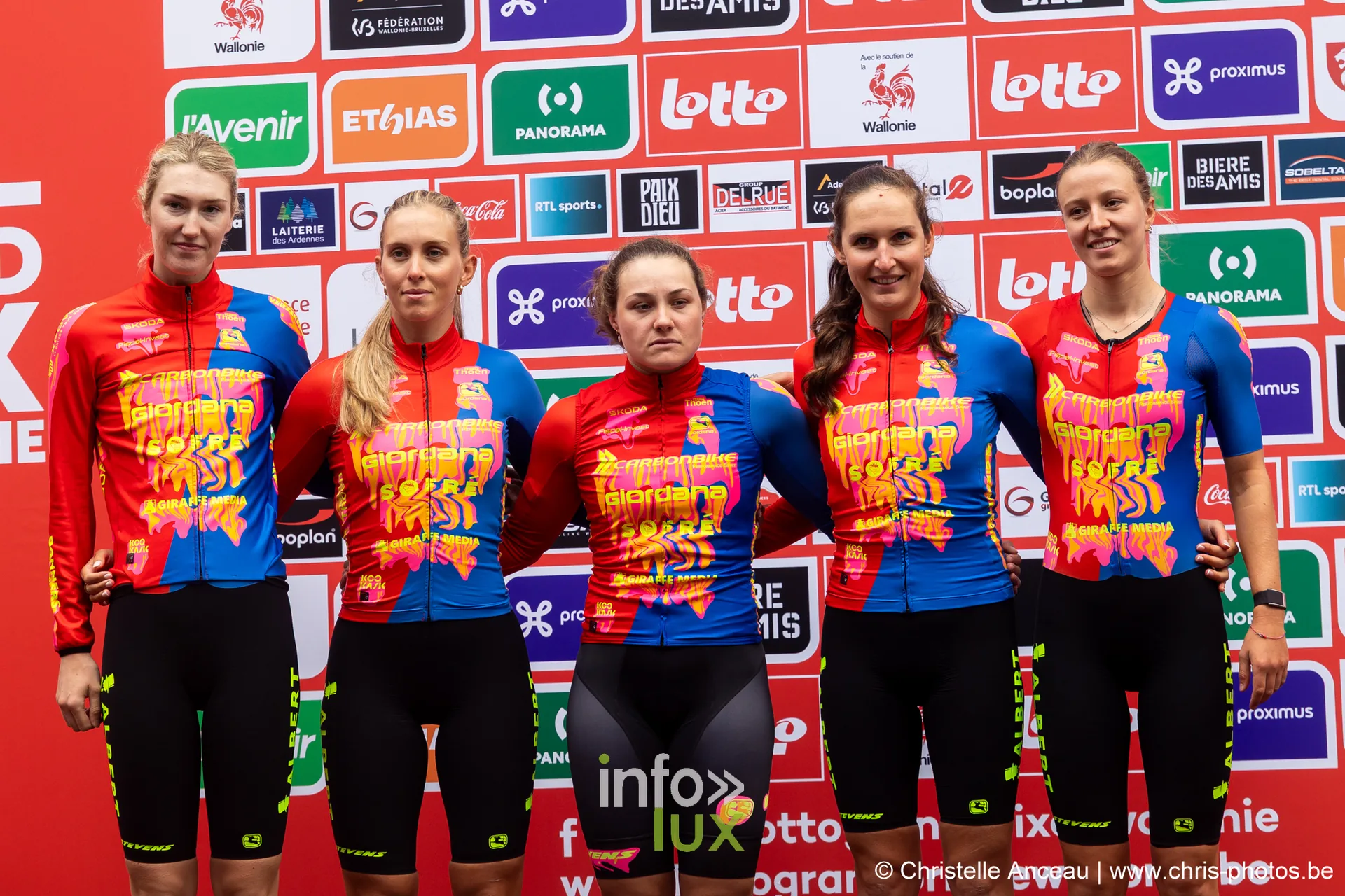 Equipe feminine en maillots rouge bleu et jaune posant devant le mur de sponsors