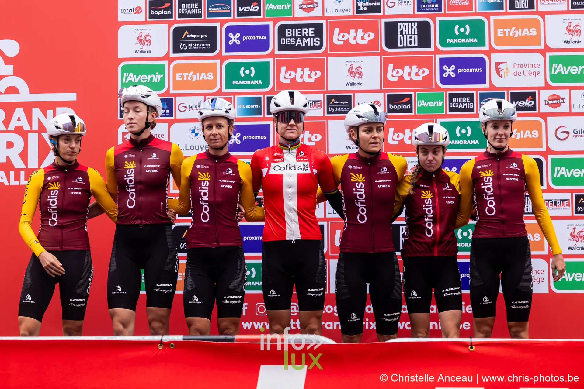 Equipe feminine Cofidis en rouge et jaune sur le podium de presentation
