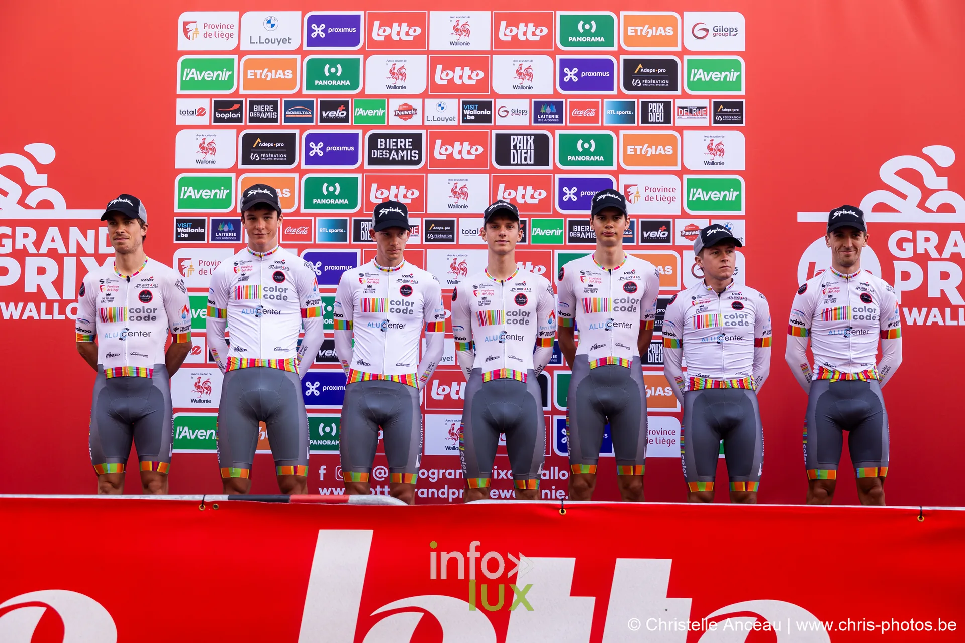 Equipe TotalEnergies en maillots blancs sur le podium de presentation des hommes