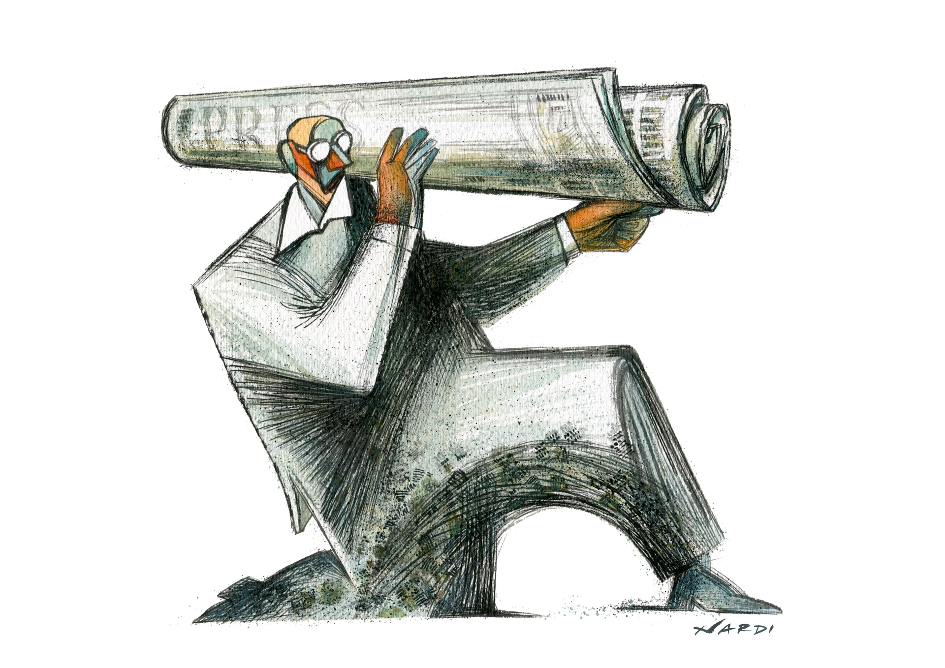 Dessin de Marilena Nardi : un personnage à genoux tient un journal roulé comme un lance-roquettes