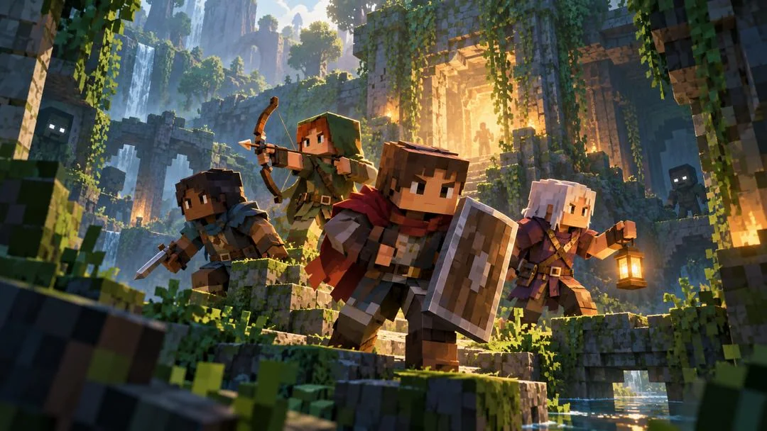 Quatre aventuriers en blocs, épée, arc, bouclier et lanterne, progressent ensemble dans des ruines envahies de végétation