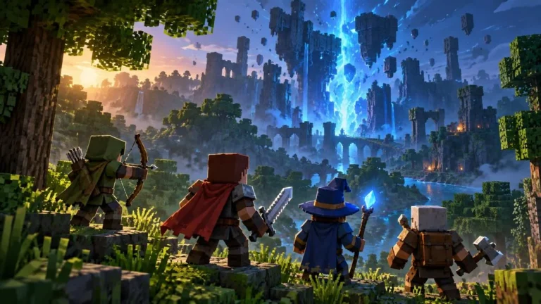 Quatre héros en blocs, archer, guerrier, mage et forgeron, face à des ruines flottantes éclairées d’une faille bleue