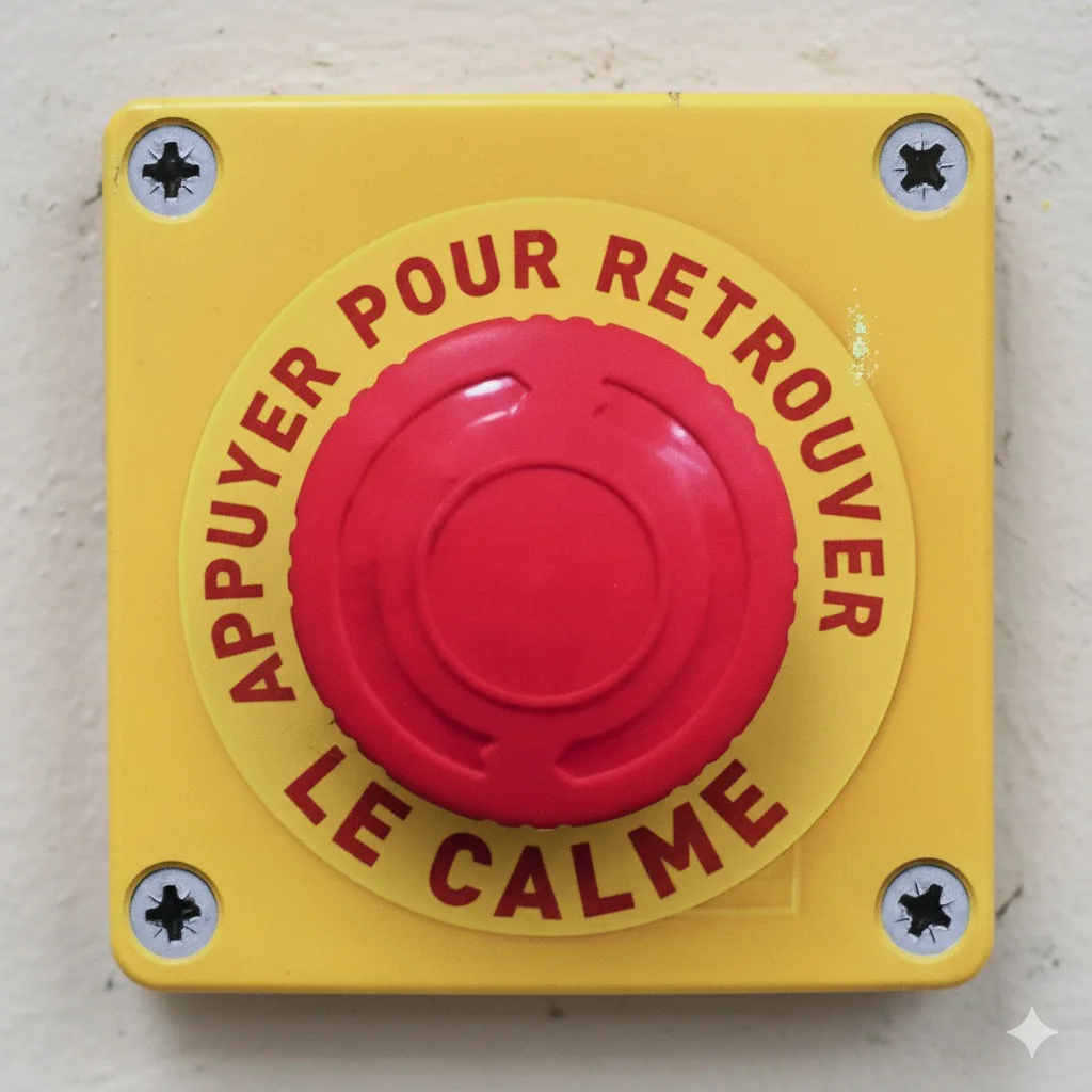 Un bouton d’arrêt d’urgence rouge sur fond jaune portant l’inscription « Appuyer pour retrouver le calme »