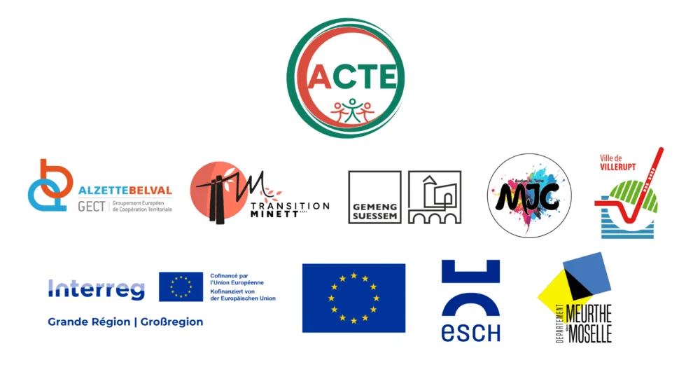 Logos des partenaires du projet ACTE : GECT Alzette Belval, Transition Minett, commune de Sanem, MJC, ville de Villerupt, Interreg Grande Région, Union européenne, Esch, Meurthe-et-Moselle