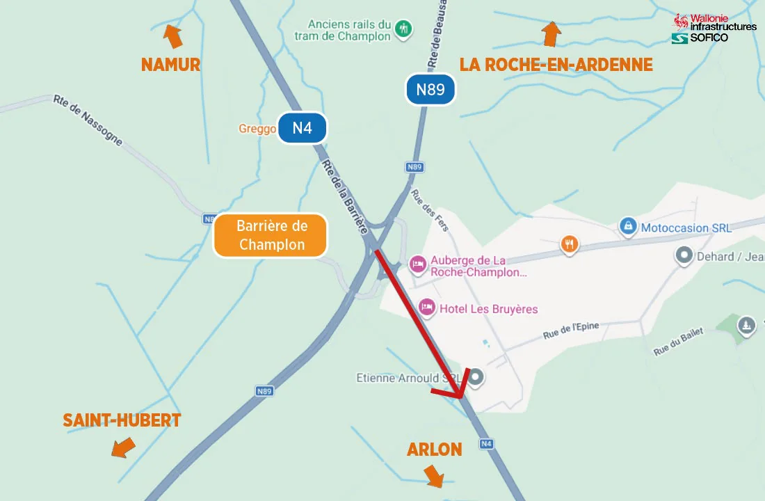Carte SOFICO du chantier de la N4 à hauteur de la barrière de Champlon (Tenneville) : tronçon réparé vers Arlon, bretelle N89 fermée