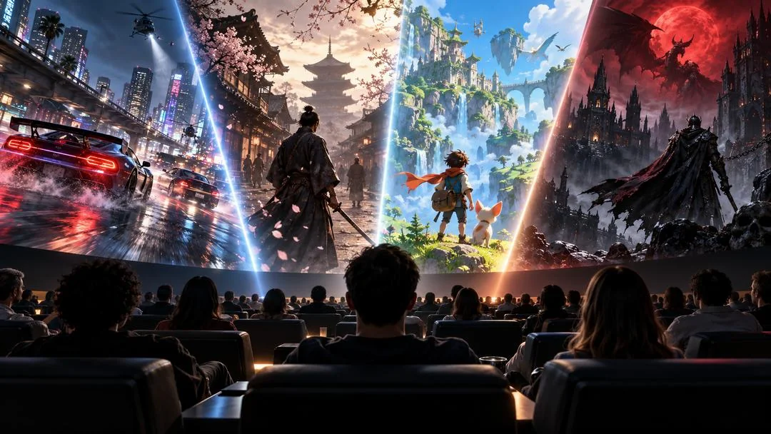 Une salle de cinéma face à un écran partagé en quatre univers : ville néon et taxi, samouraï, île colorée avec un héros bleu et une forteresse démoniaque