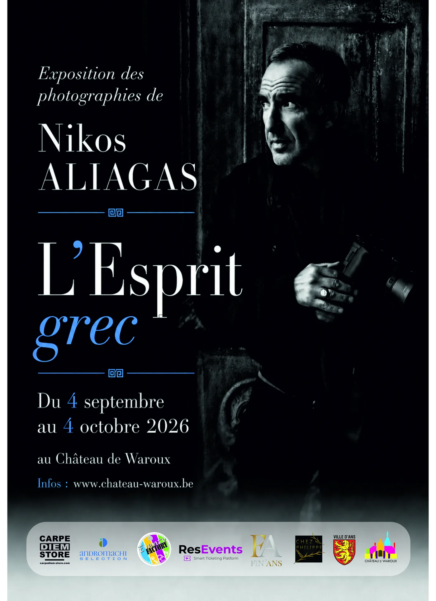 Affiche de l'exposition L'Esprit grec de Nikos Aliagas au chateau de Waroux a Ans