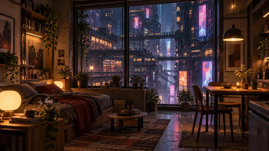 Un appartement chaleureux avec lit, plantes et table, ouvert par une grande baie vitrée sur les tours aux néons
