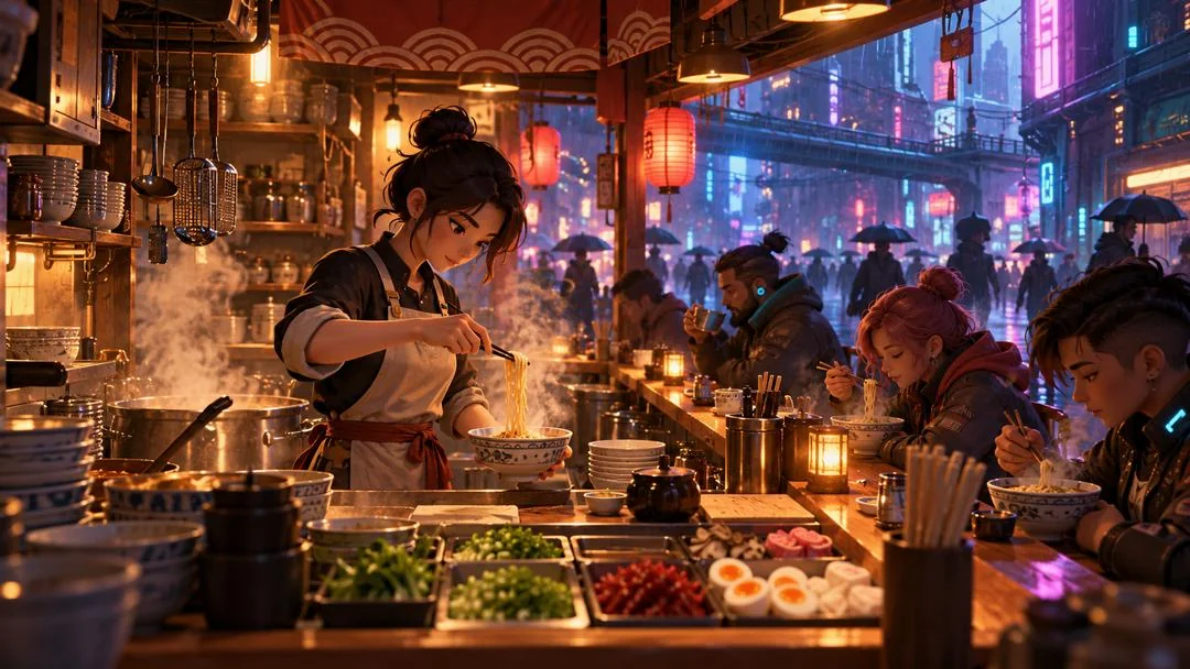 Une cuisinière prépare des nouilles derrière un comptoir fumant tandis que des clients mangent au bar