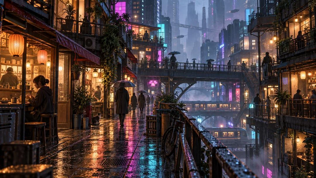 Une rue mouillée bordée d’échoppes à lanternes rouges, un pont et des tours illuminées de néons en arrière-plan