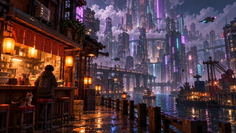 Un comptoir de nouilles éclairé de lanternes au bord de l’eau, face à une métropole cyberpunk aux néons violets