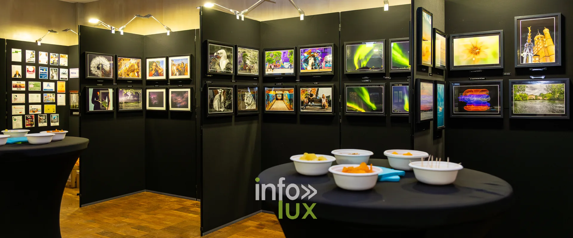 Cimaises de l’exposition du Royal Photo Club Entre Nous dans la salle des mariages de l’Hôtel de Ville de Nivelles