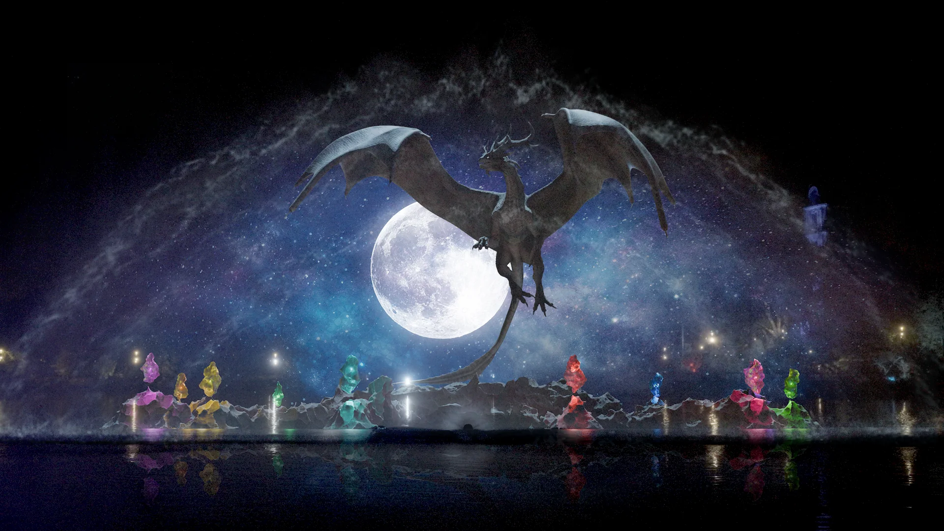 Prévisualisation du mapping La Légende du Dragon de Lune projeté sur un écran d’eau à Pairi Daiza